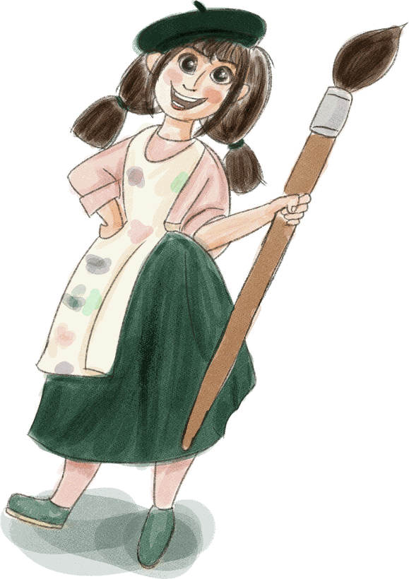 Illustration of a girl in a green beret and paint-spattered apron holding an oversized paintbrush